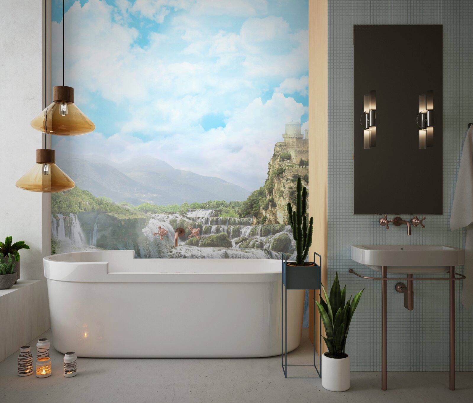 Papier peint chemin menant aux chutes d'eau