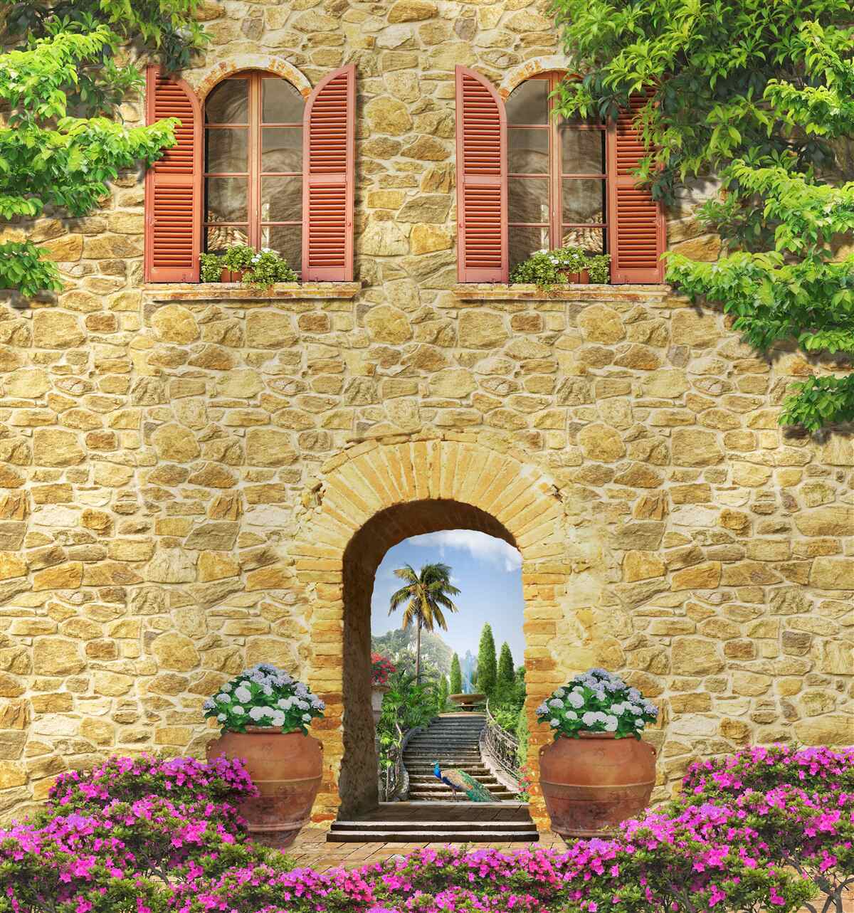 Papier peint maison en pierre avec fenêtres