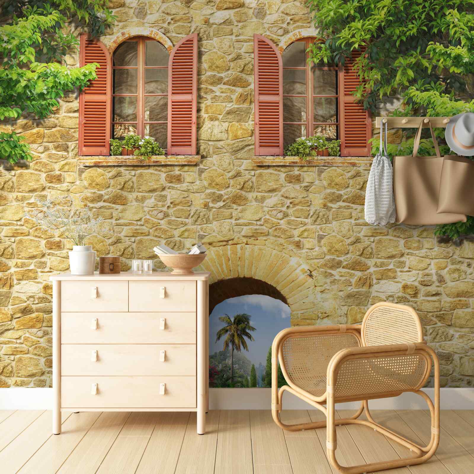 Papier peint maison en pierre avec fenêtres