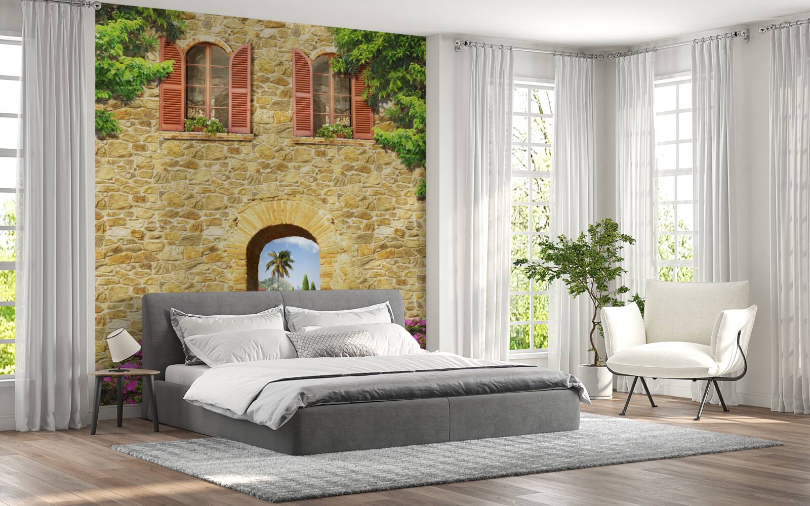 Papier peint maison en pierre avec fenêtres