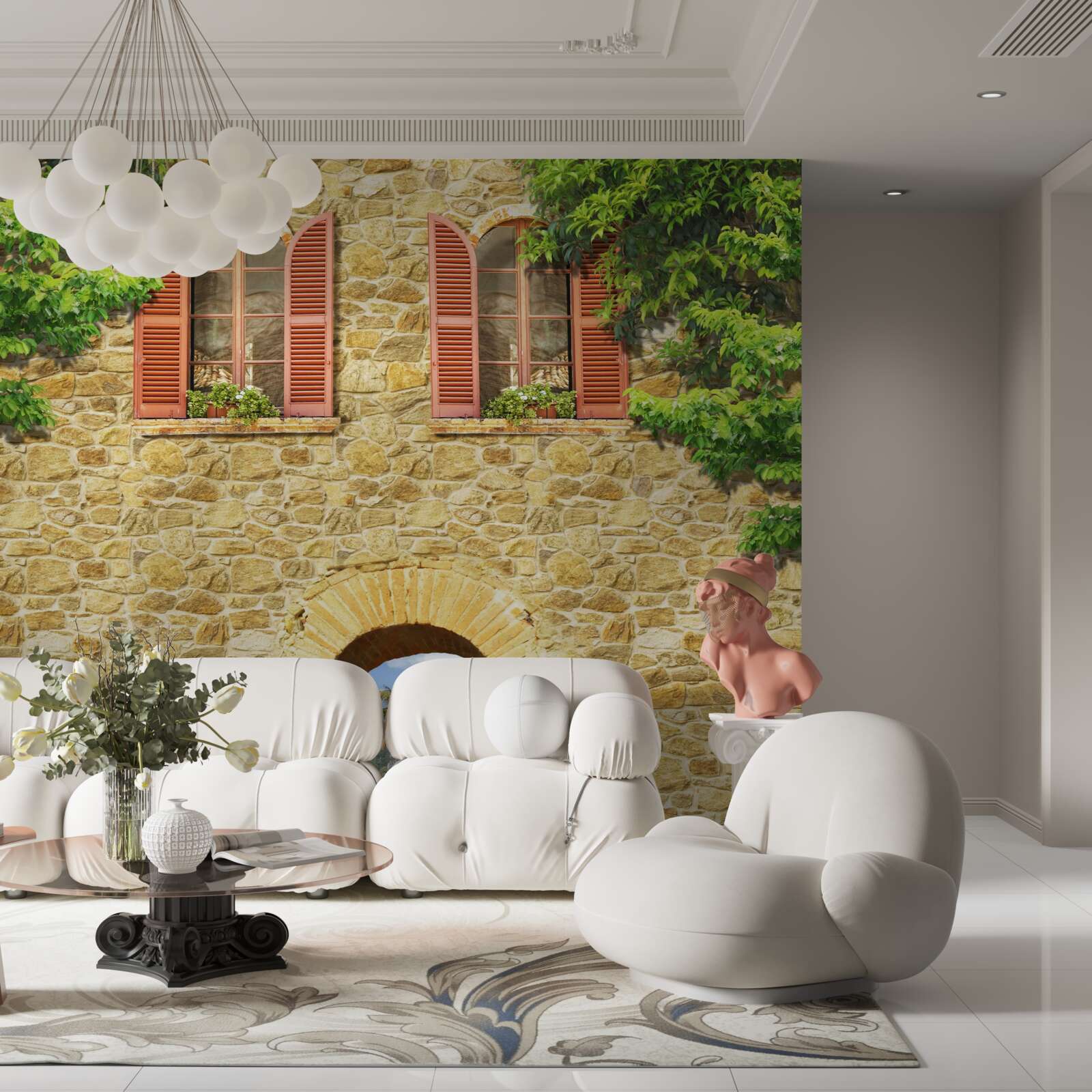 Papier peint maison en pierre avec fenêtres