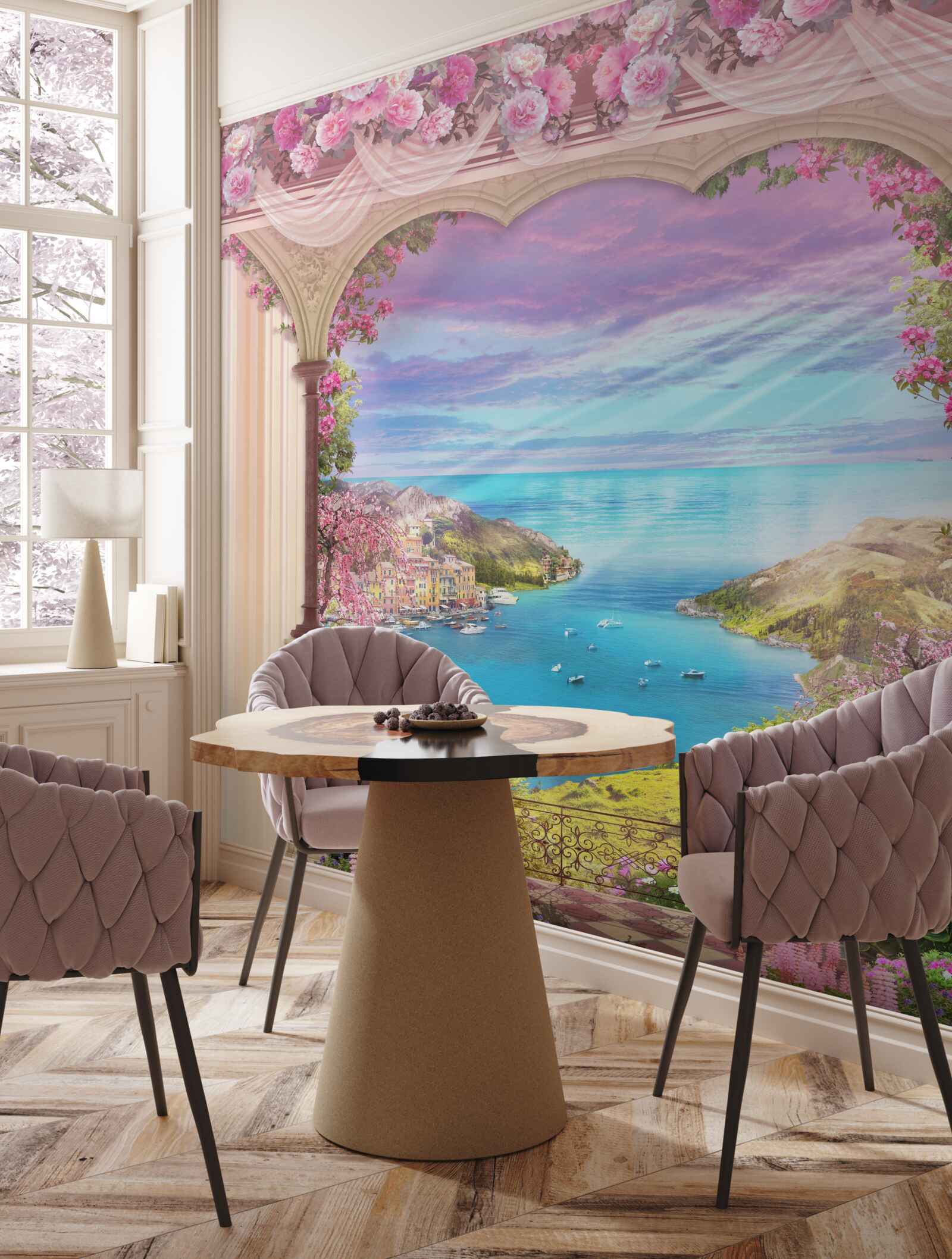 Papier peint arche décorée de fleurs roses