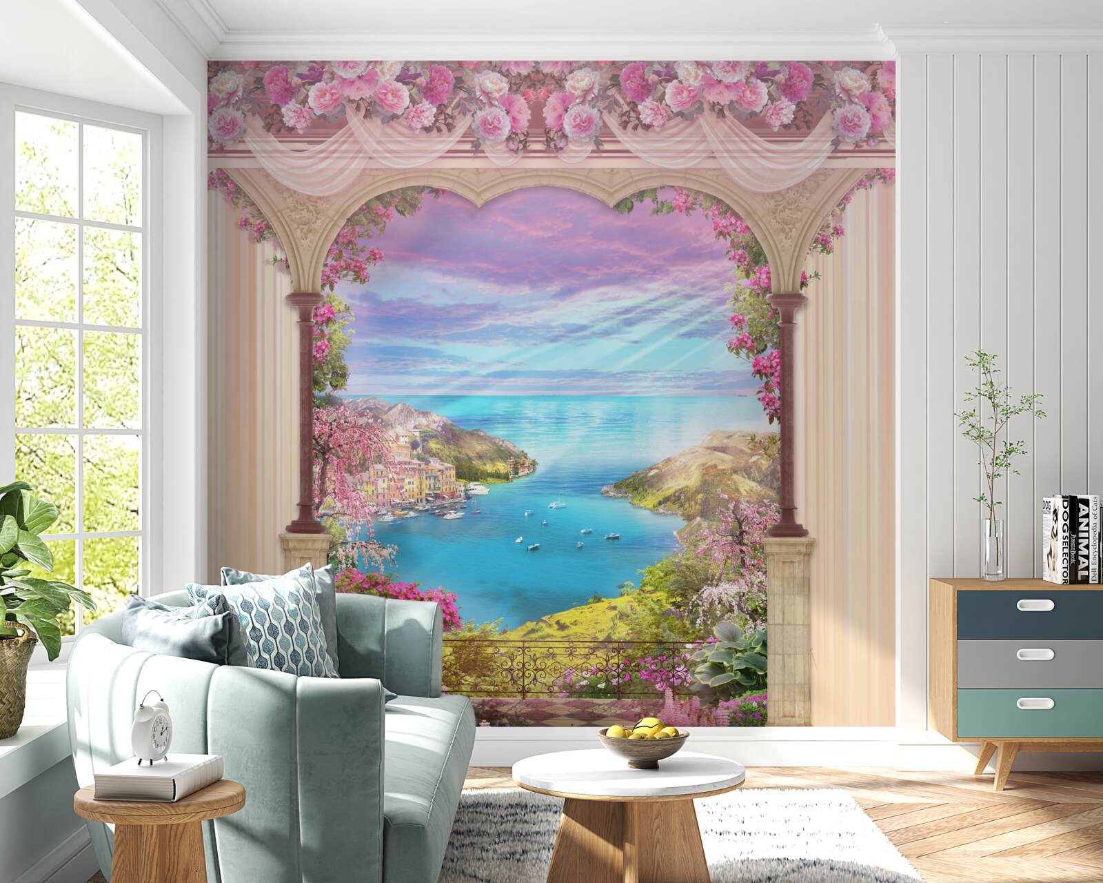 Papier peint arche décorée de fleurs roses