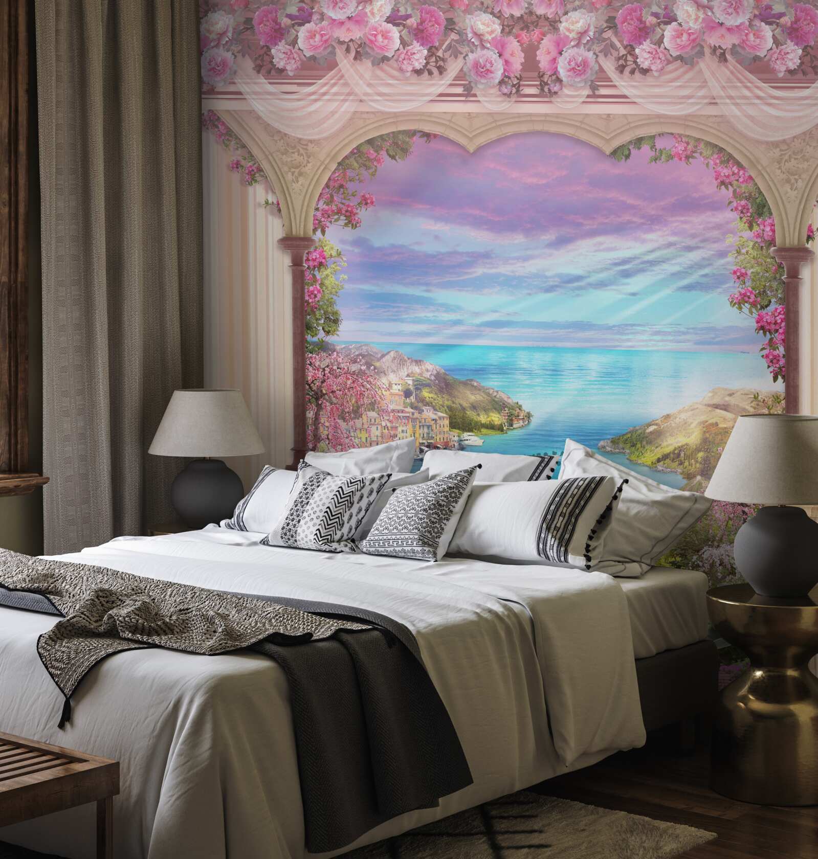 Papier peint arche décorée de fleurs roses