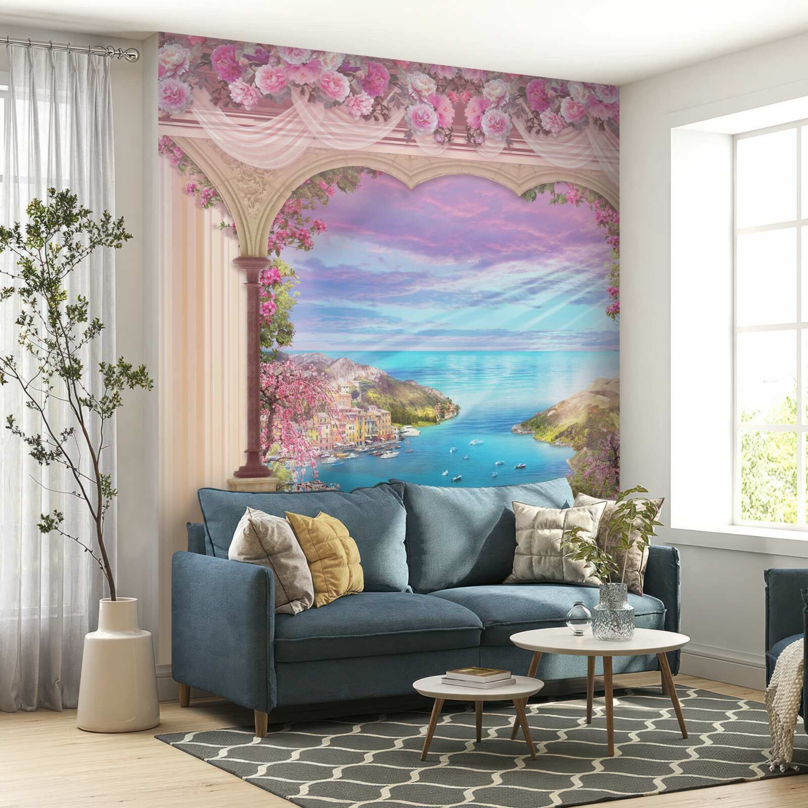 Papier peint arche décorée de fleurs roses