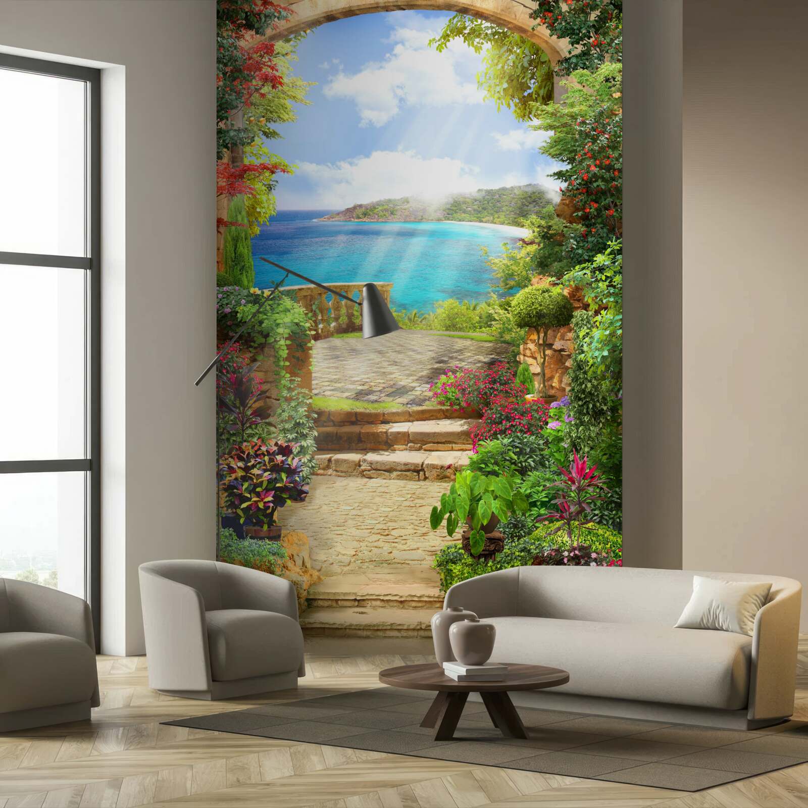 Papier peint chemin menant à la terrasse avec vue sur la mer