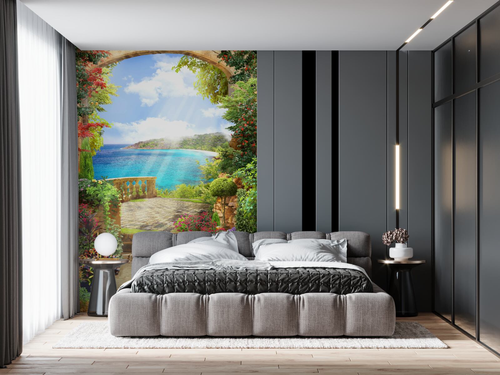 Papier peint chemin menant à la terrasse avec vue sur la mer