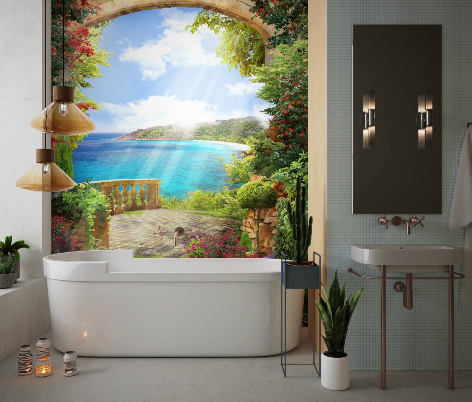 Papier peint chemin menant à la terrasse avec vue sur la mer