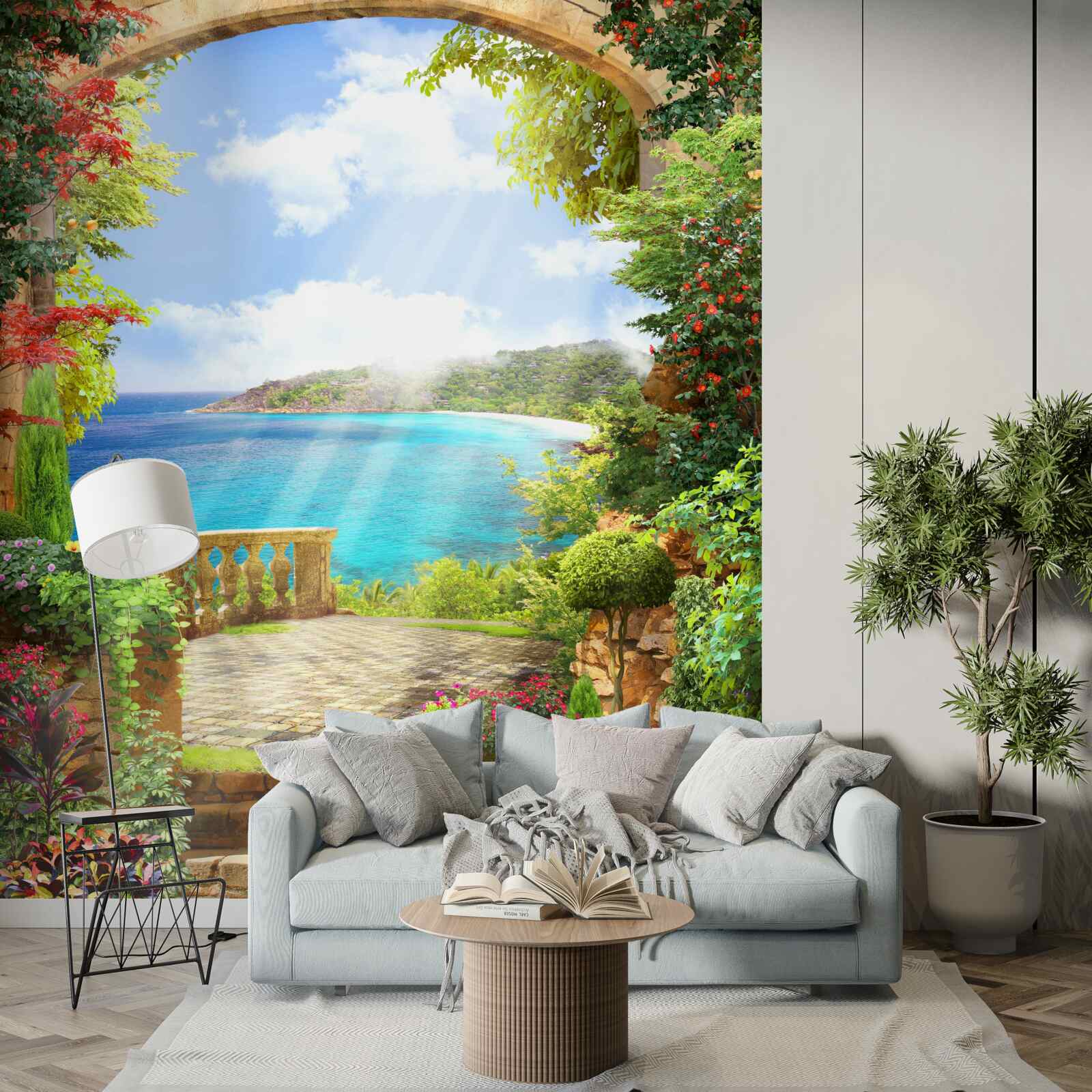 Papier peint chemin menant à la terrasse avec vue sur la mer