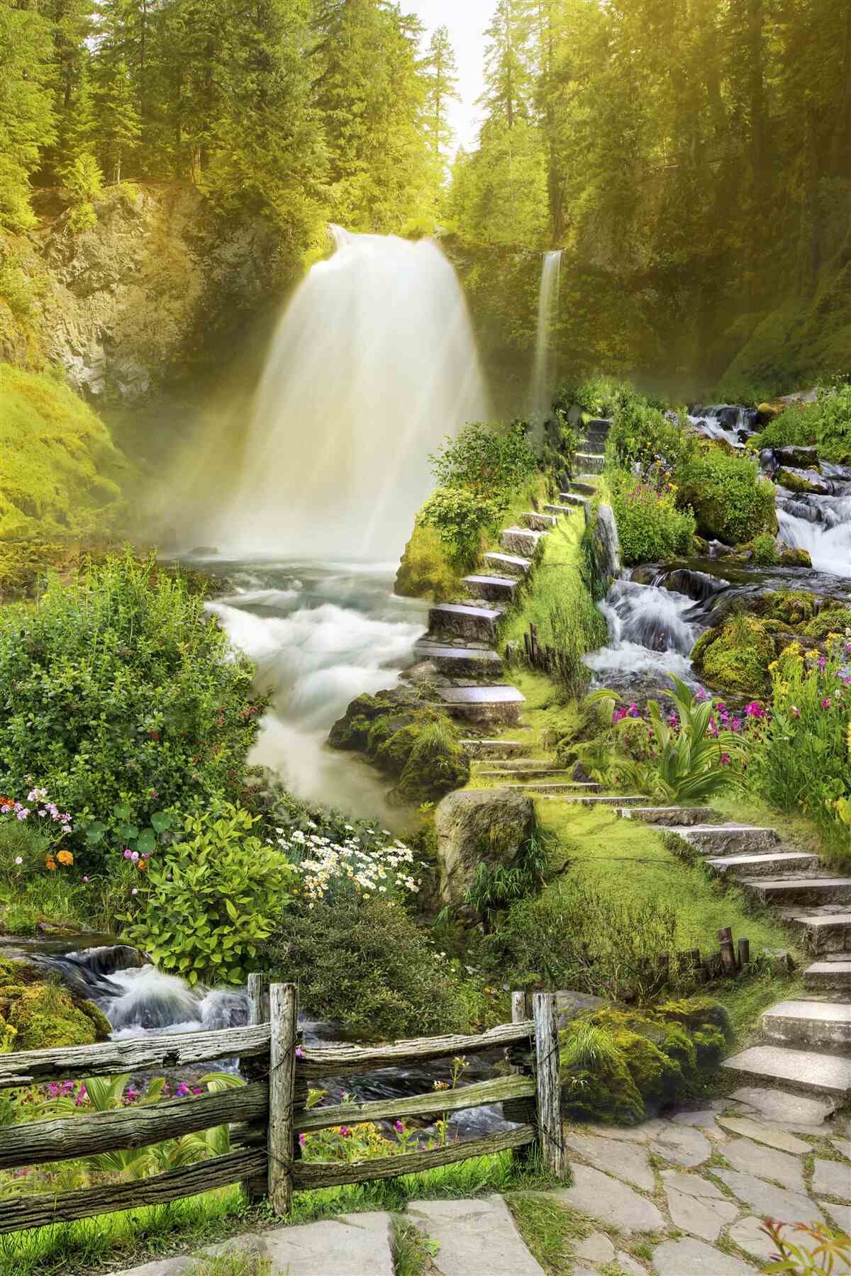 Papier peint chemin vers la cascade entouré de verdure