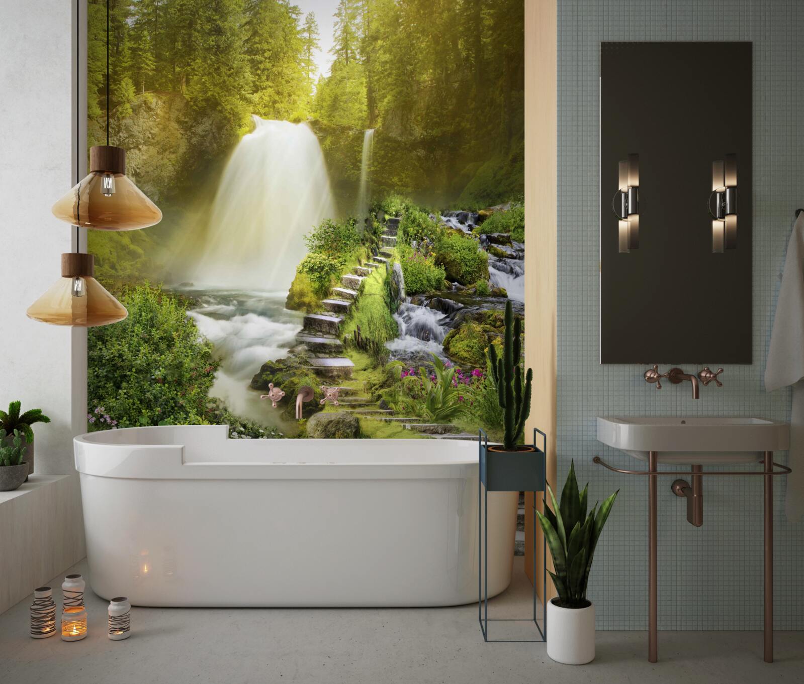 Papier peint chemin vers la cascade entouré de verdure