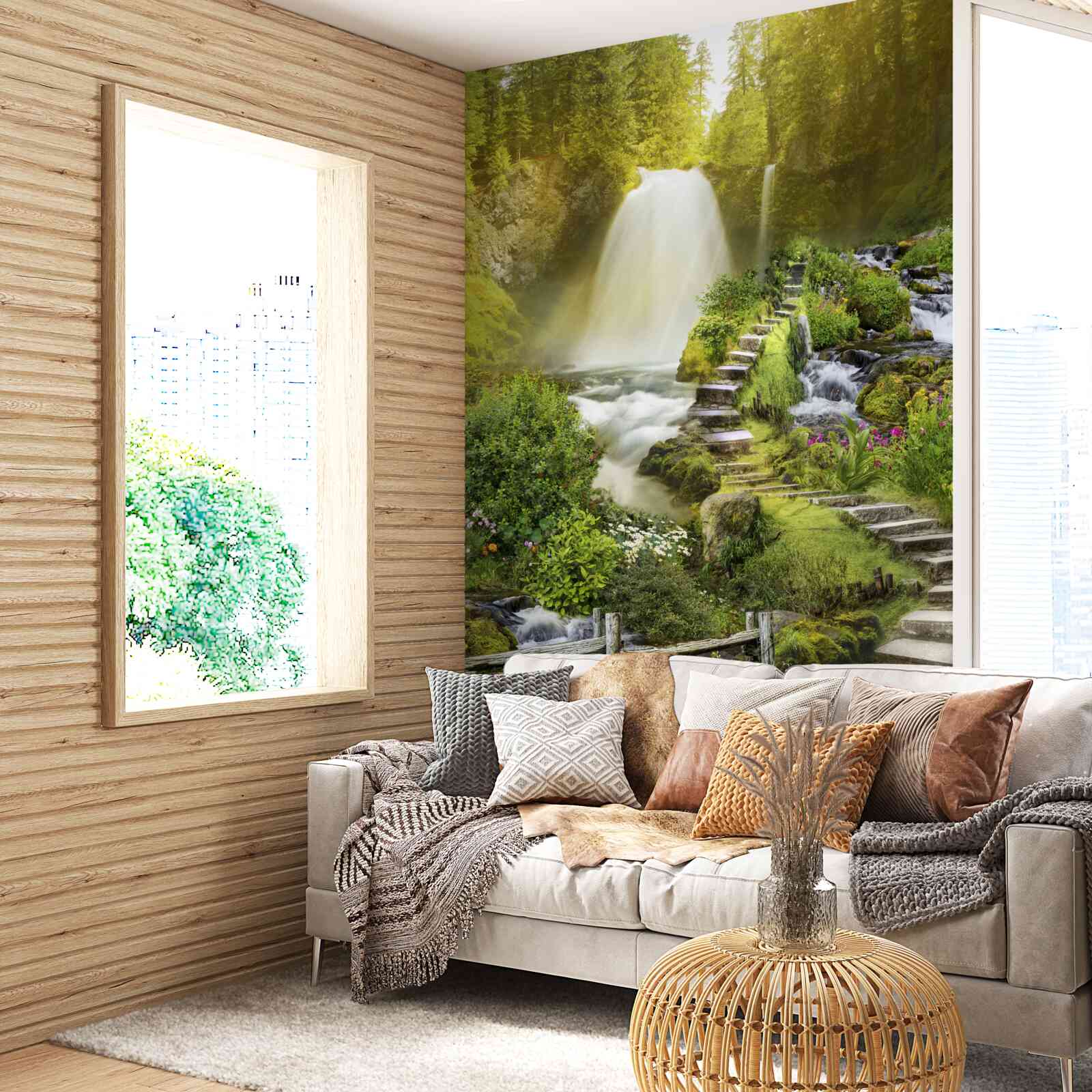 Papier peint chemin vers la cascade entouré de verdure