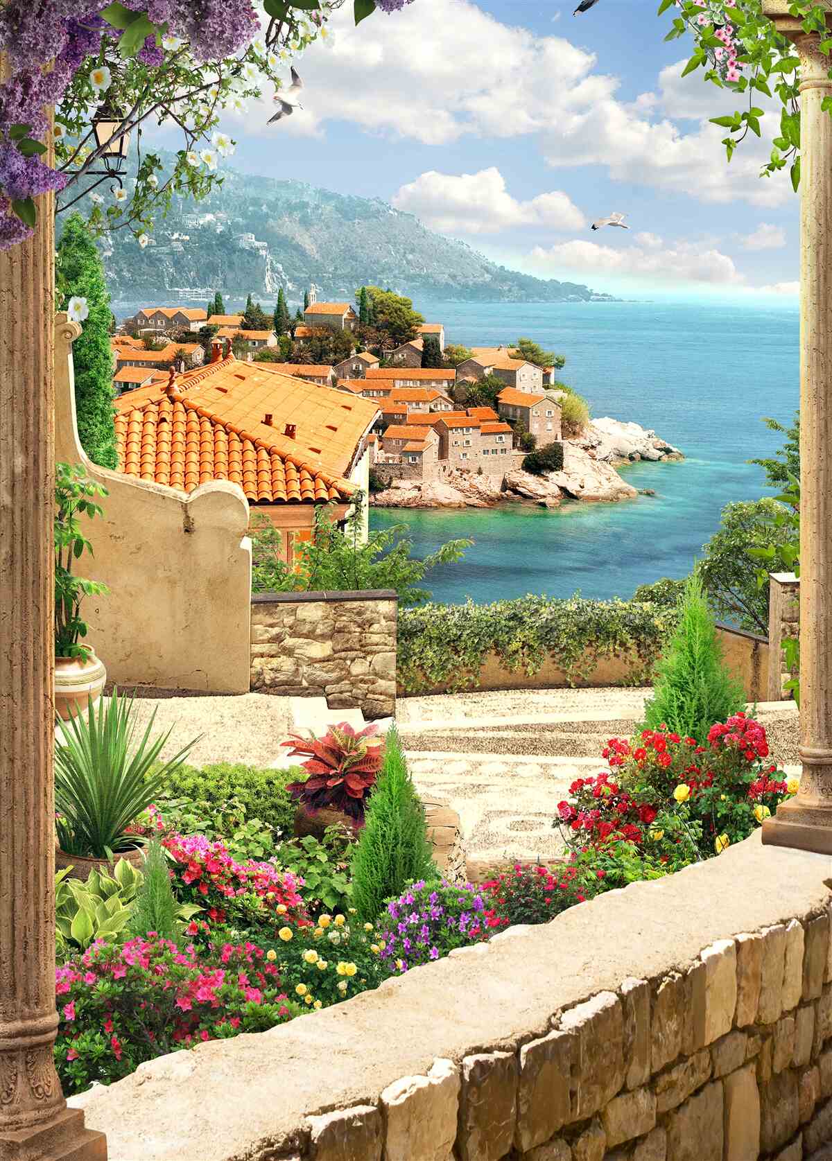 Papier peint cour confortable avec vue sur la mer