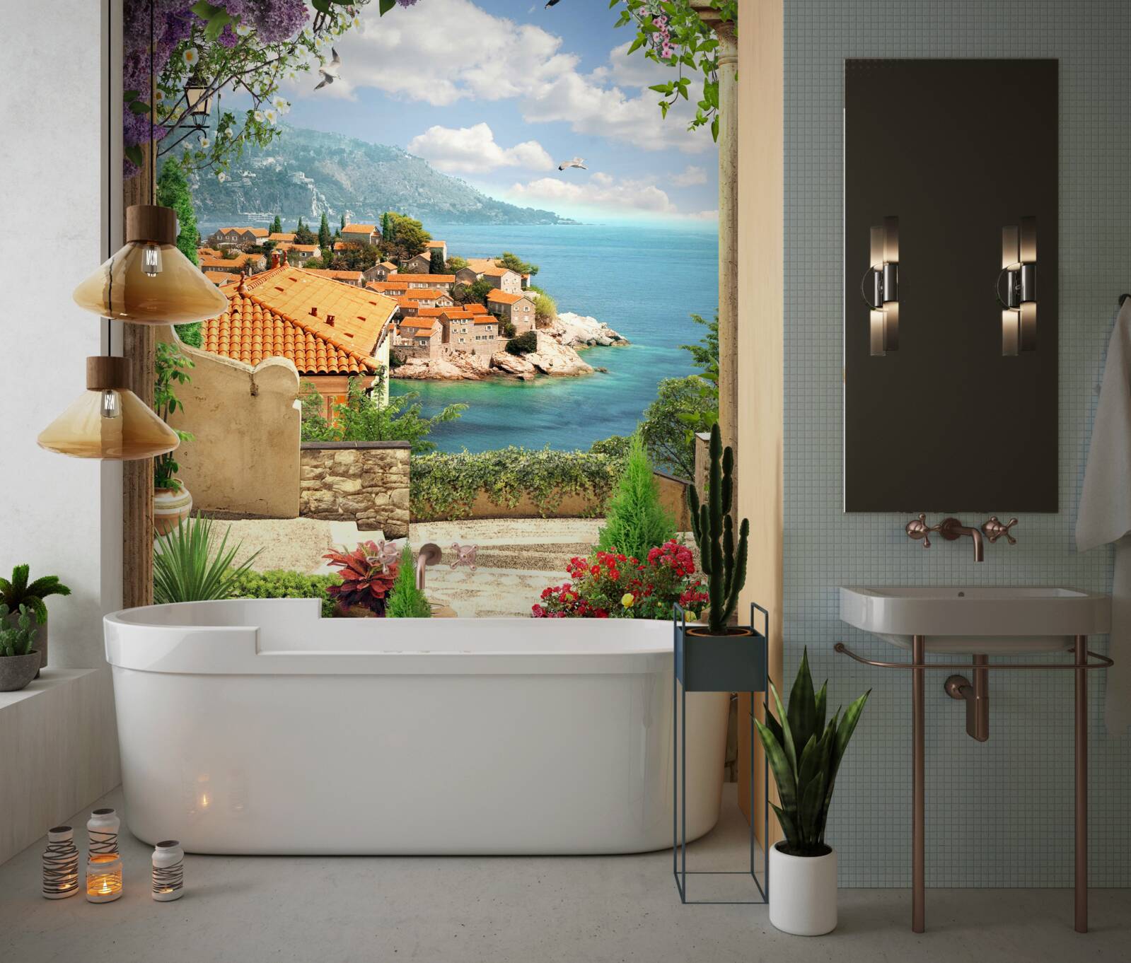 Papier peint cour confortable avec vue sur la mer