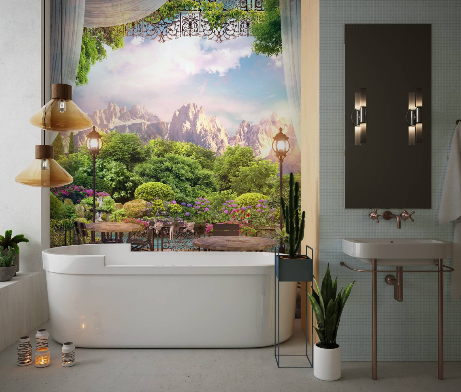 Papier peint des places de café avec un paysage magnifique