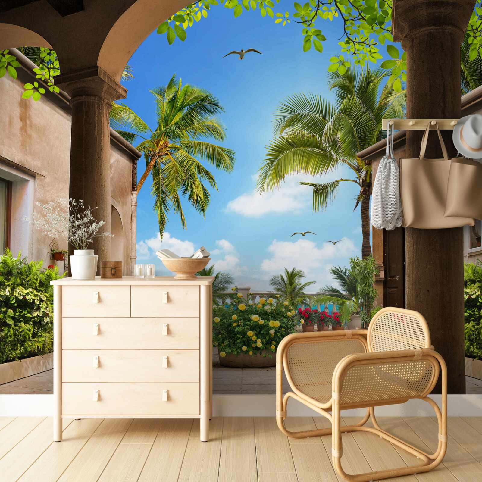 Papier peint terrasse décorée de plantes vertes