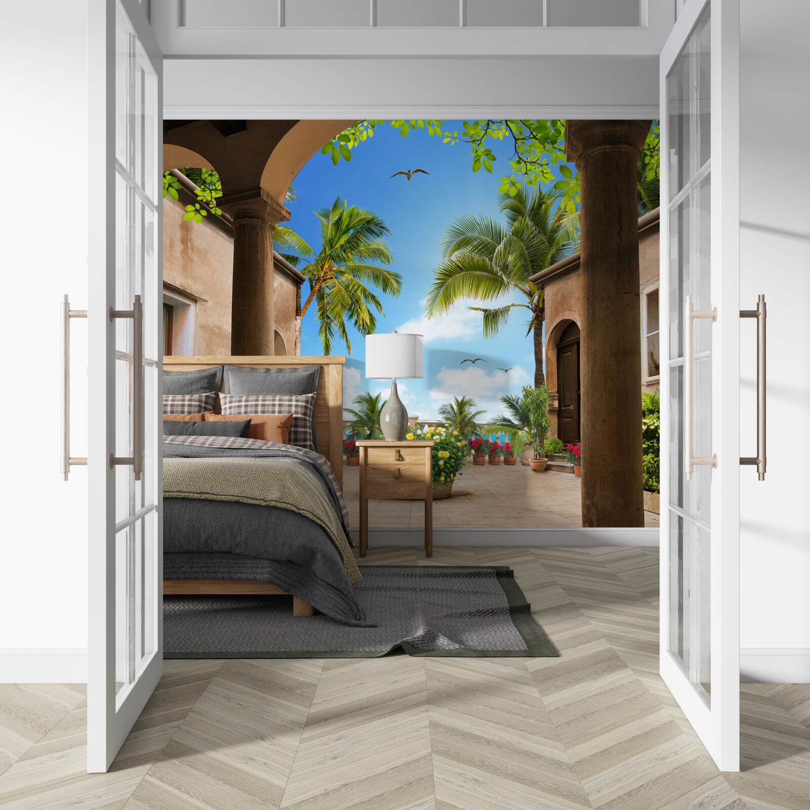 Papier peint terrasse décorée de plantes vertes