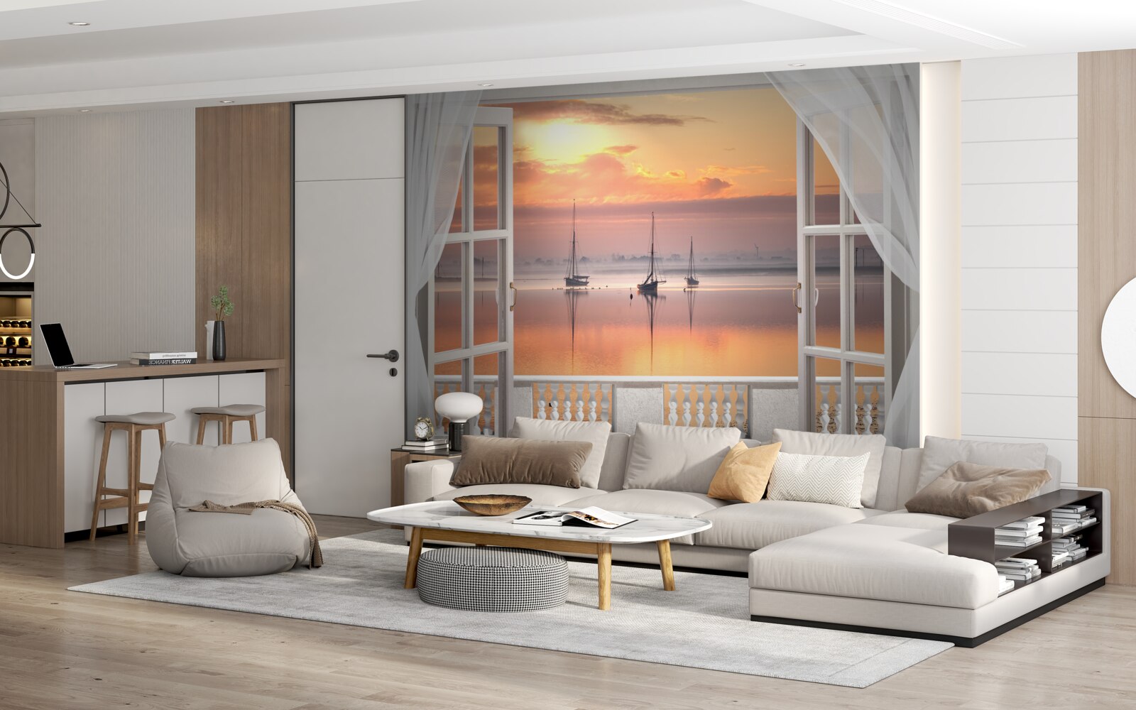 Papier peint paysage de coucher de soleil depuis un balcon blanc comme neige