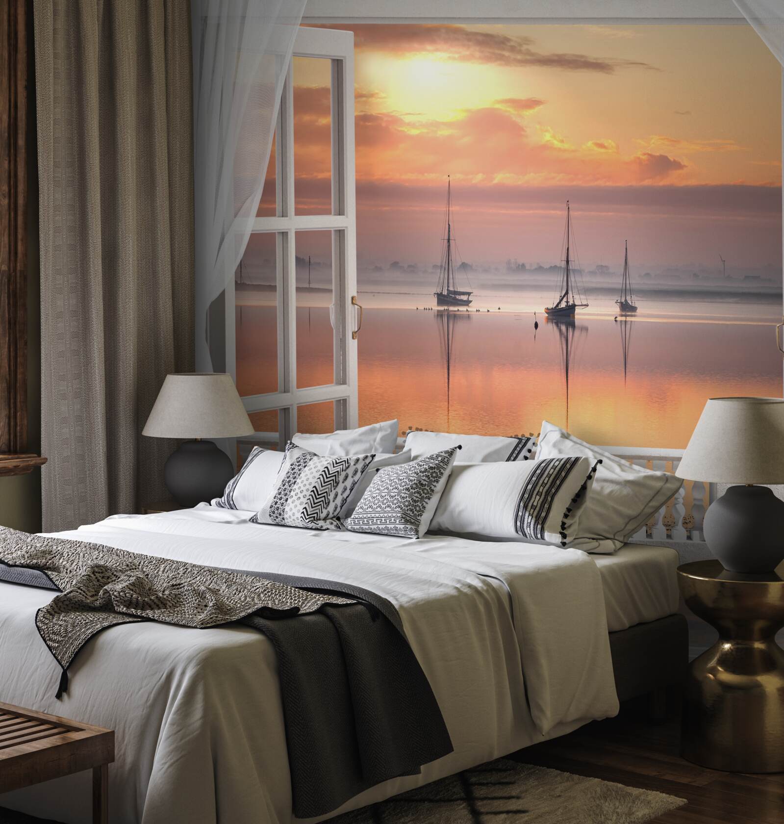 Papier peint paysage de coucher de soleil depuis un balcon blanc comme neige