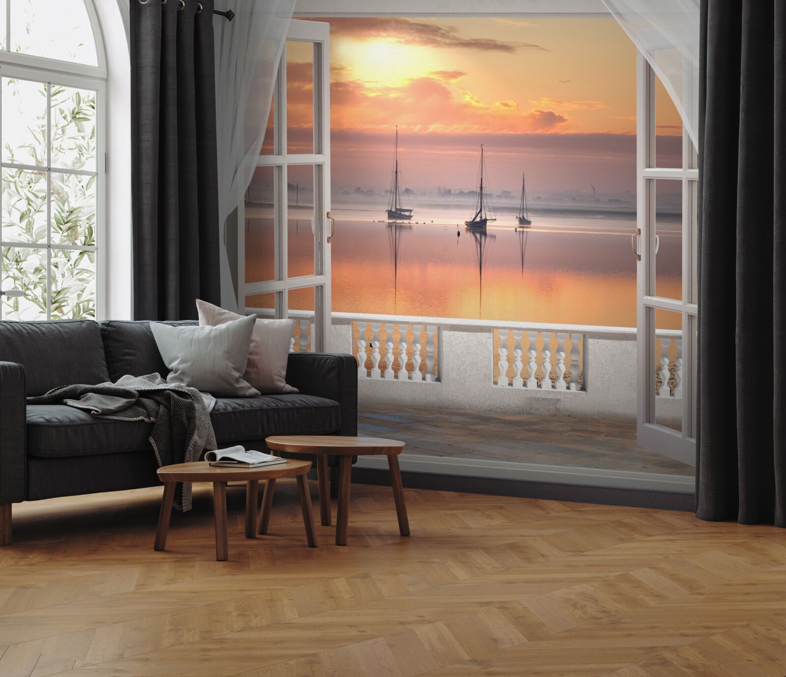 Papier peint paysage de coucher de soleil depuis un balcon blanc comme neige