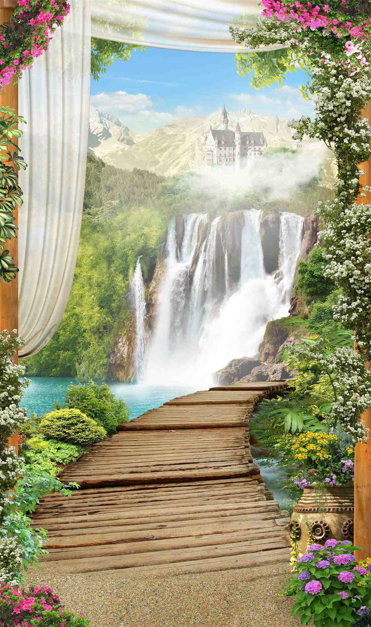 Papier peint chemin menant à la cascade