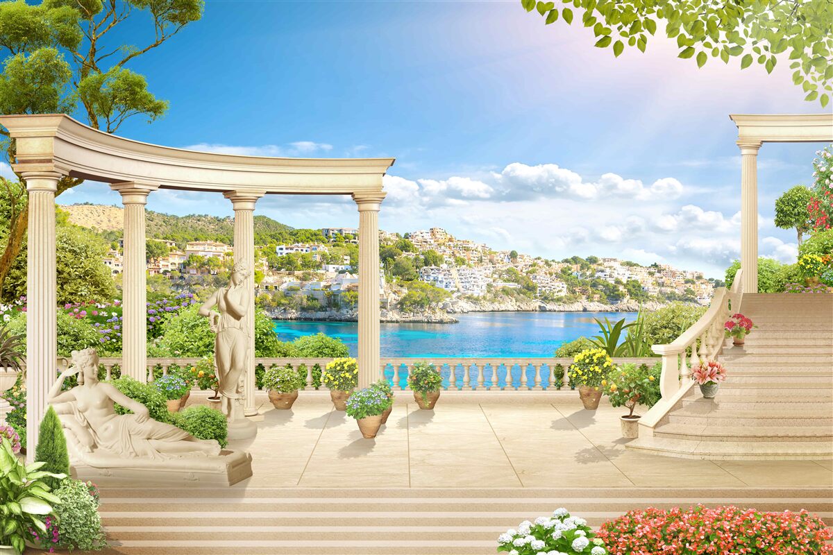 Papier peint statue et arches sur fond d'eau