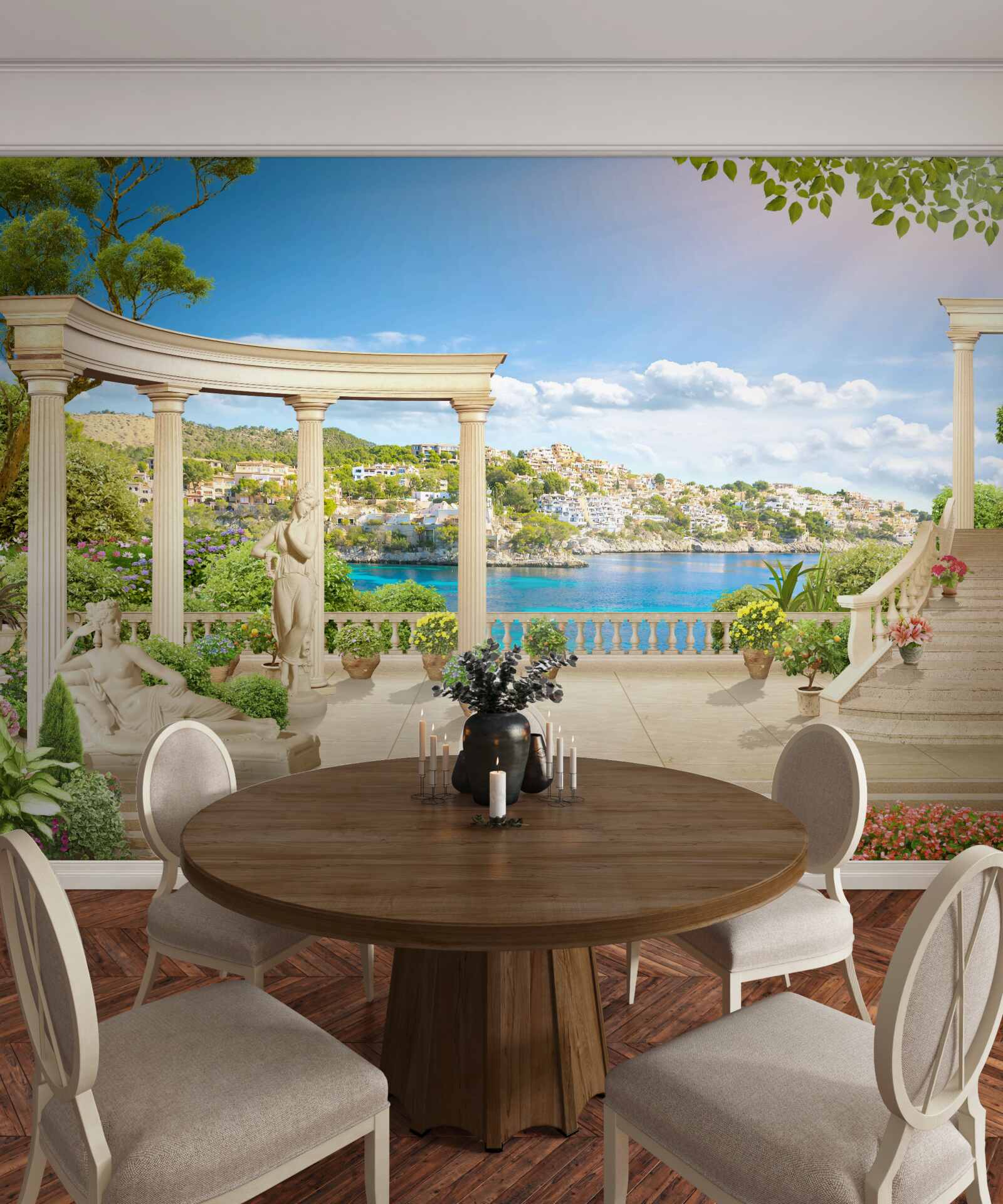 Papier peint statue et arches sur fond d'eau