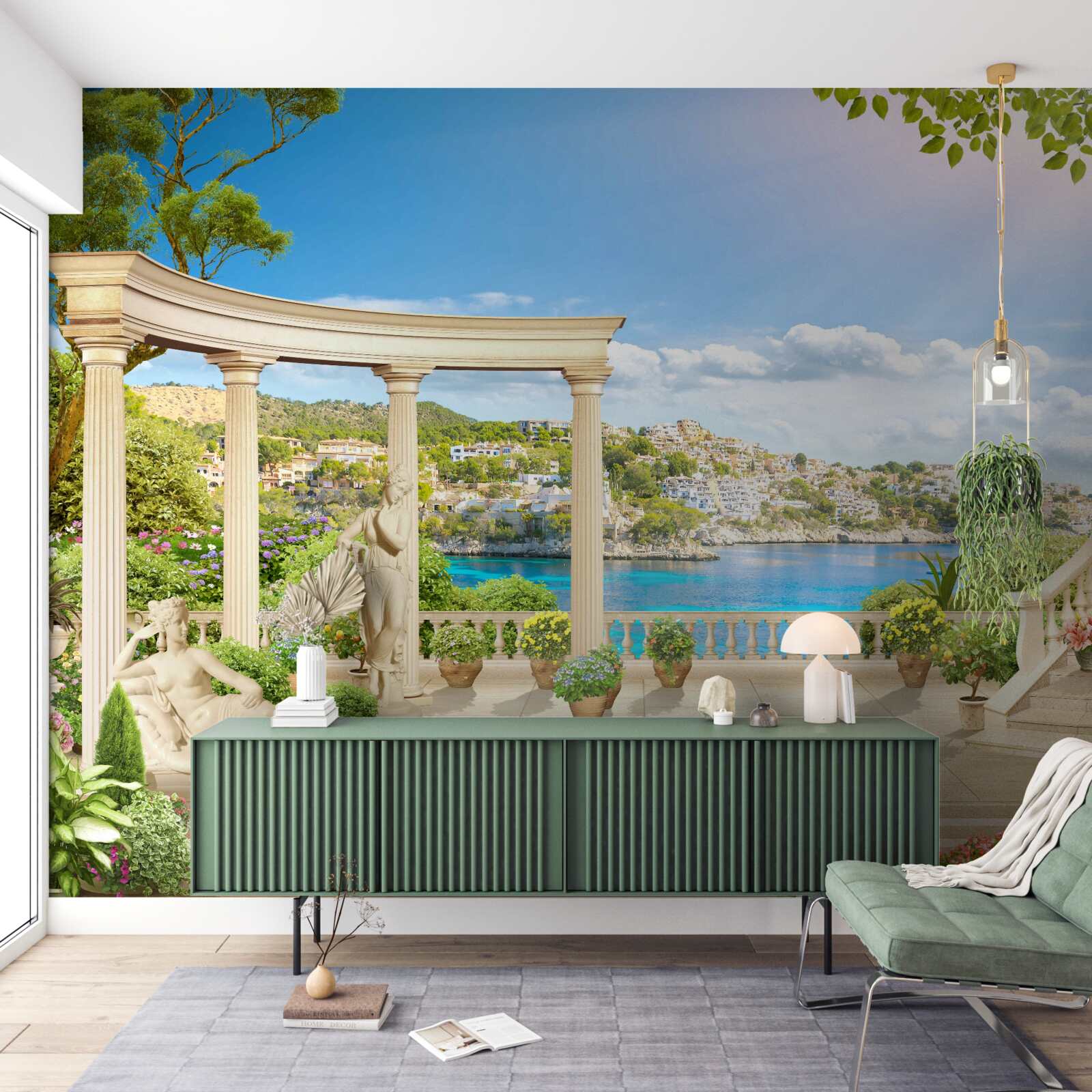 Papier peint statue et arches sur fond d'eau