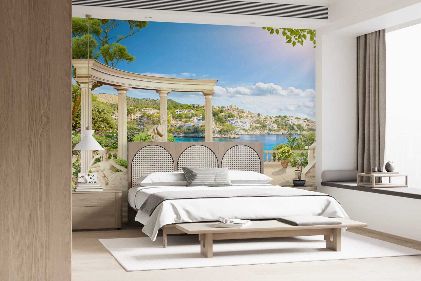 Papier peint statue et arches sur fond d'eau