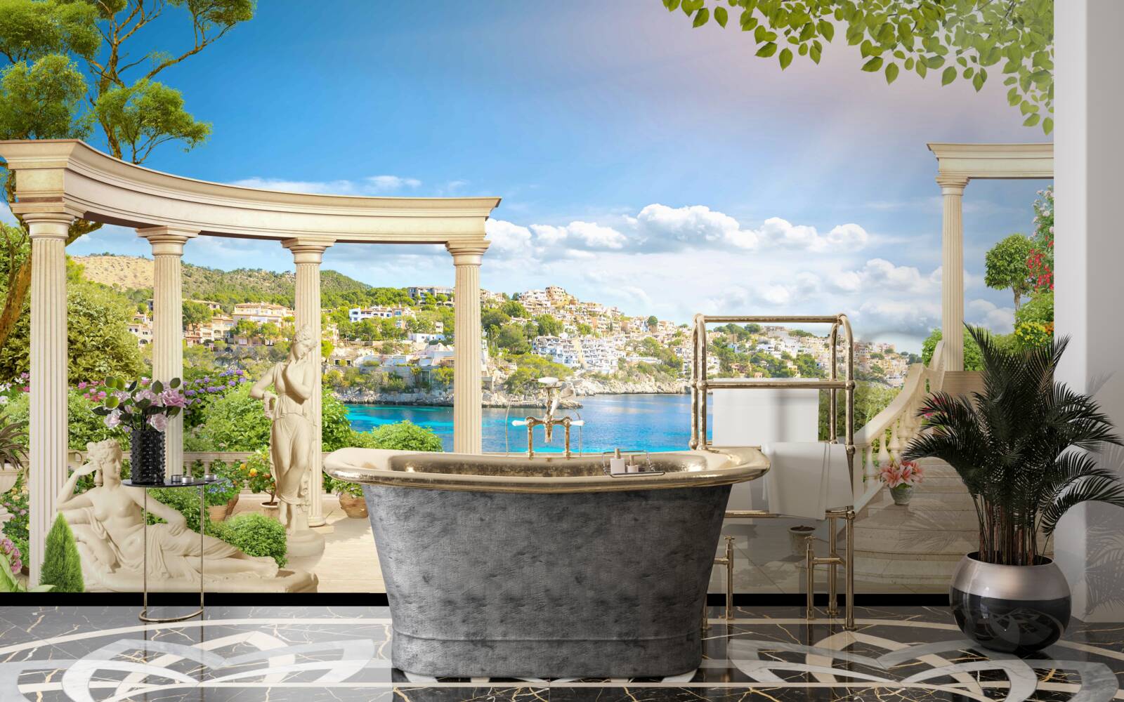 Papier peint statue et arches sur fond d'eau