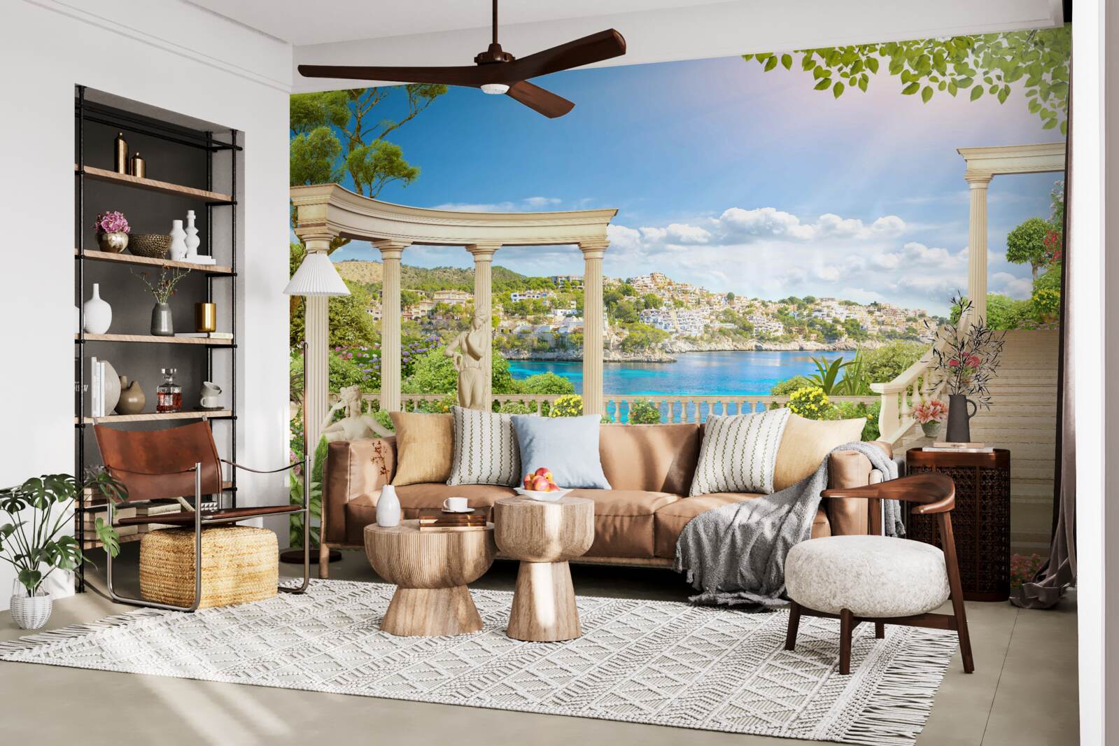 Papier peint statue et arches sur fond d'eau