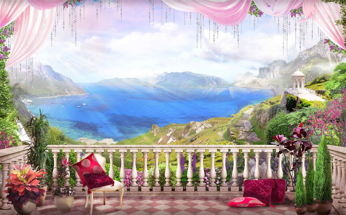 Papier peint terrasse avec vue sur les montagnes