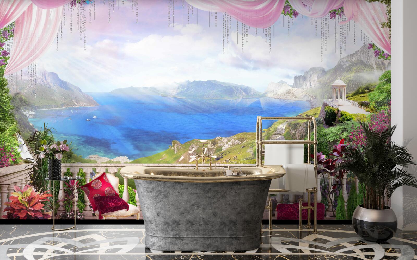 Papier peint terrasse avec vue sur les montagnes