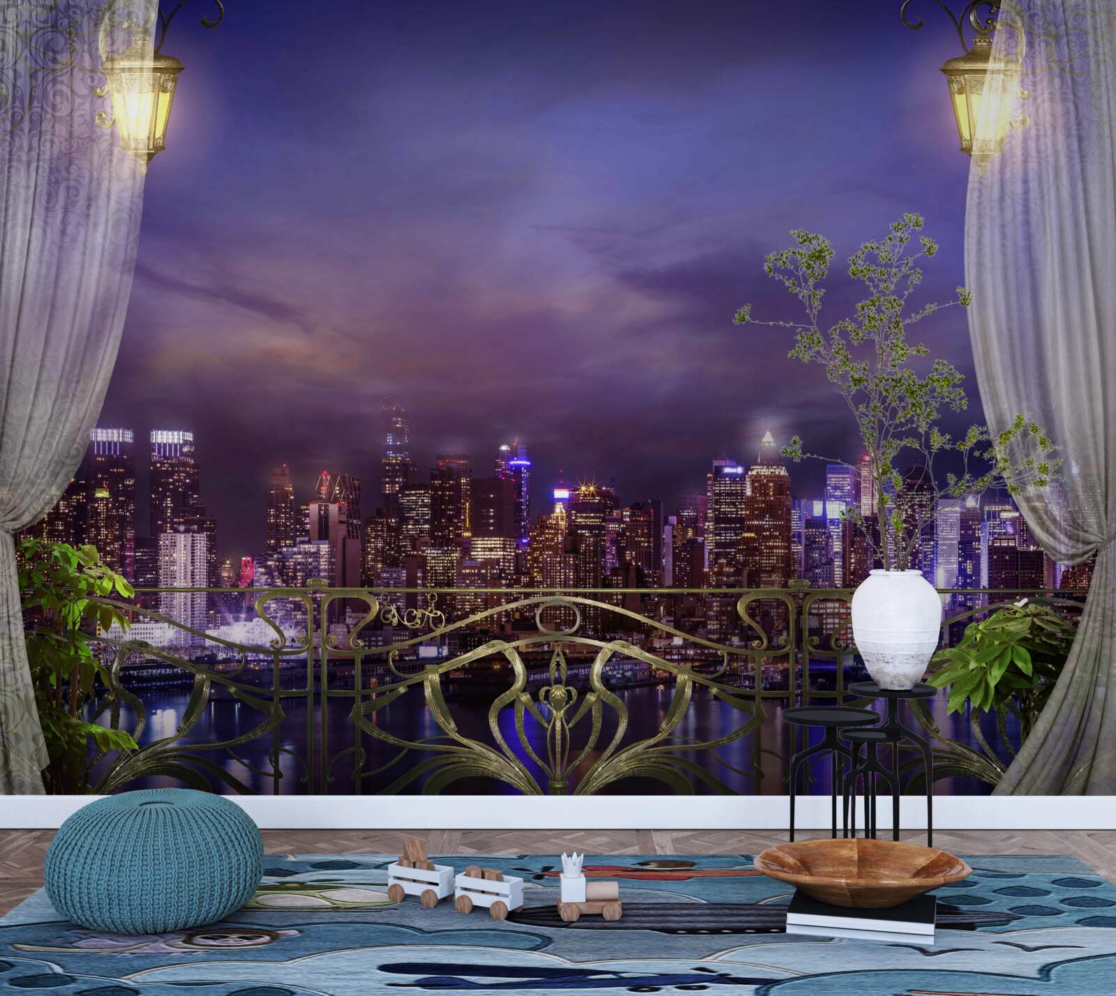 Papier peint la ville de nuit vue du balcon