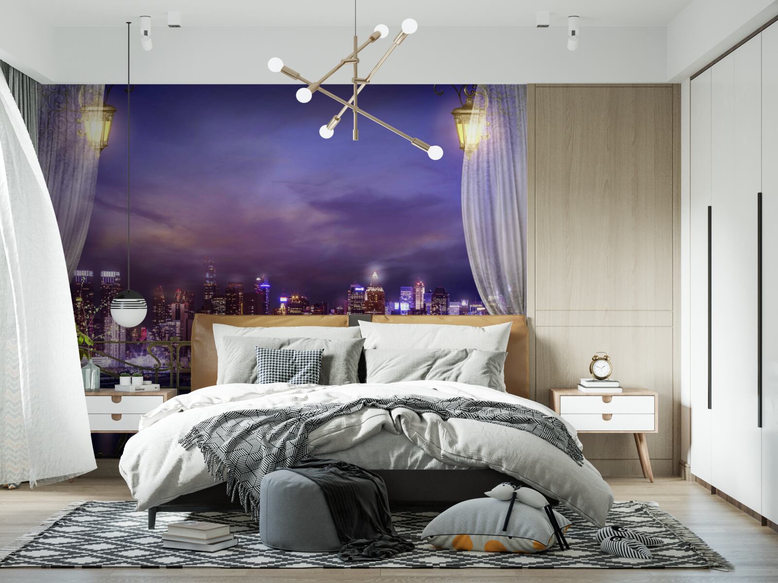 Papier peint la ville de nuit vue du balcon