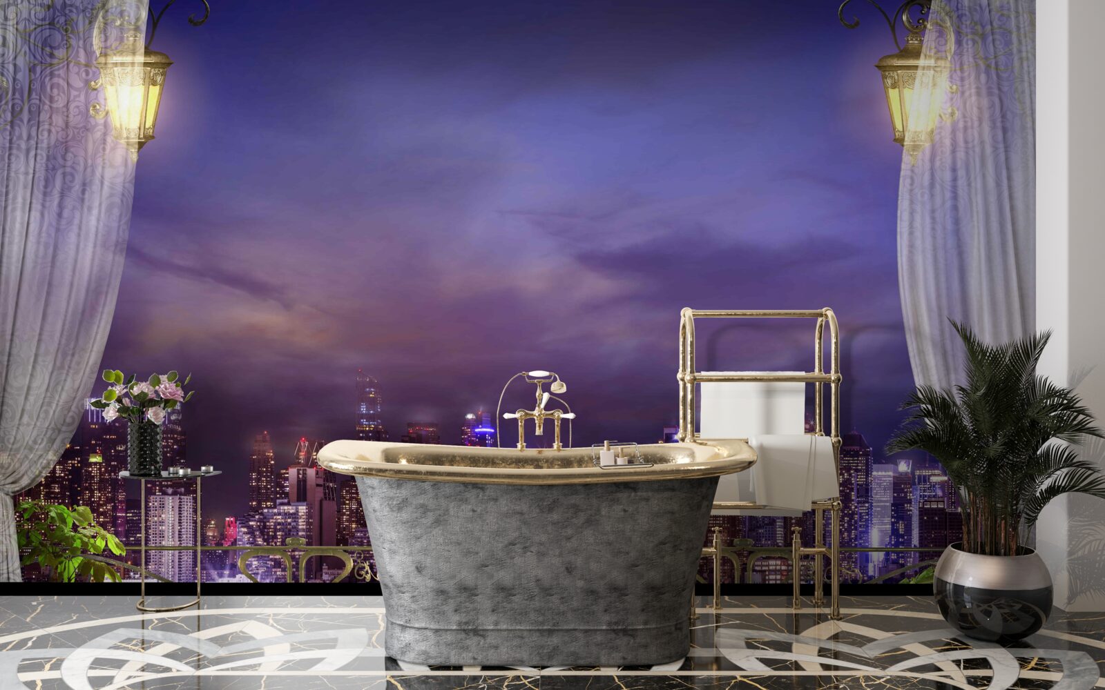 Papier peint la ville de nuit vue du balcon