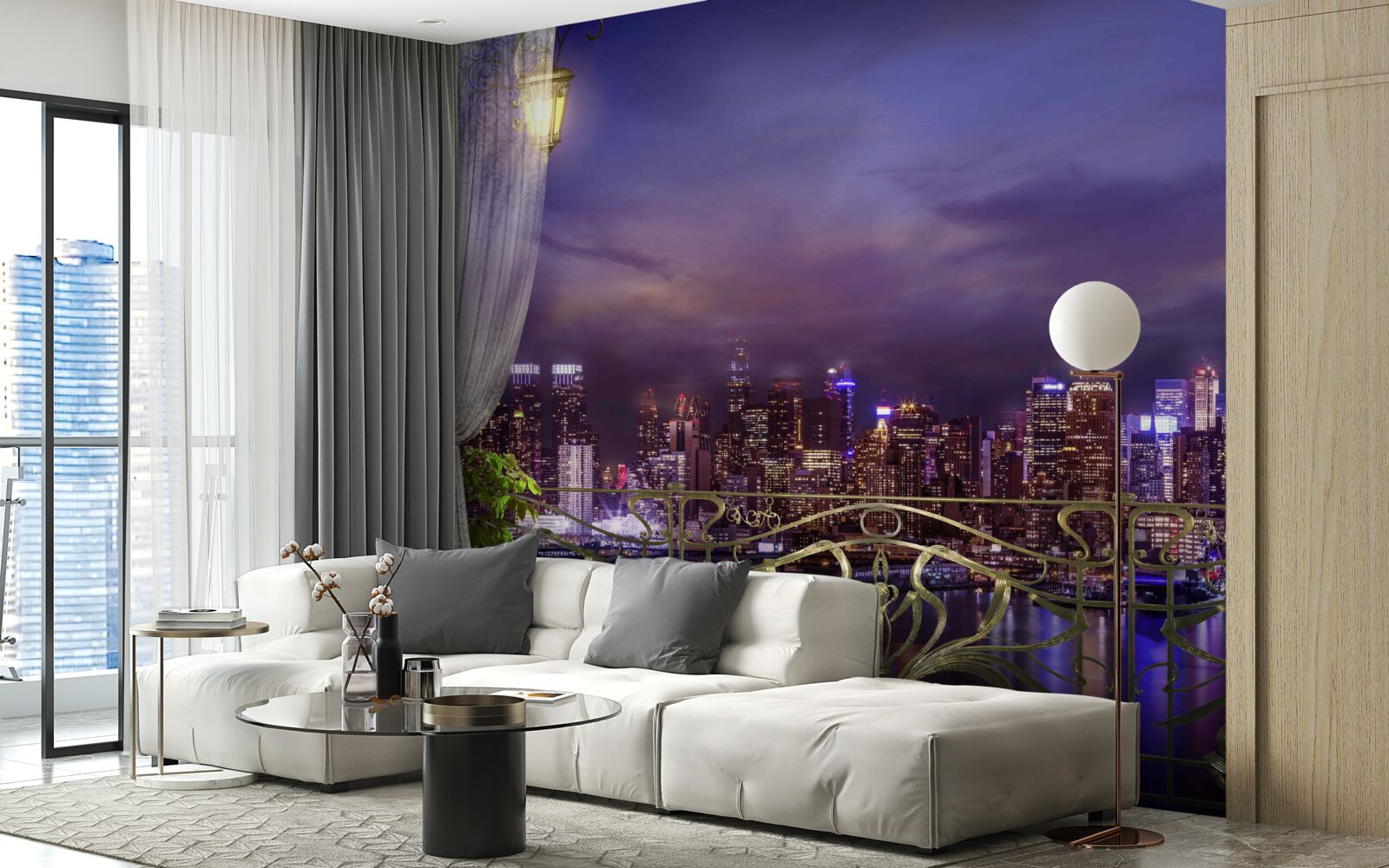 Papier peint la ville de nuit vue du balcon