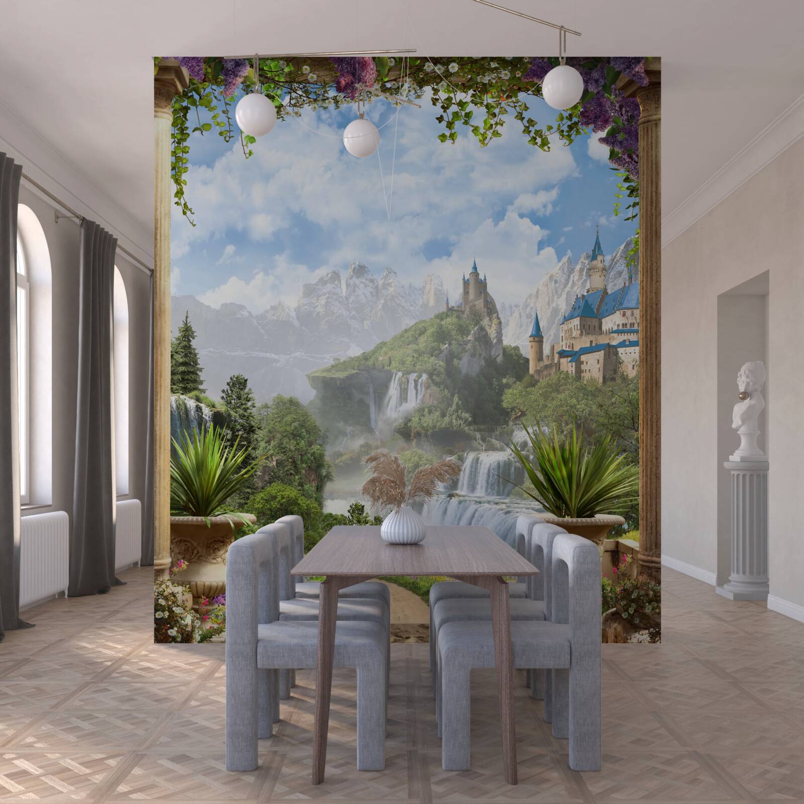 Papier peint plate-forme avec vue sur le château et la cascade