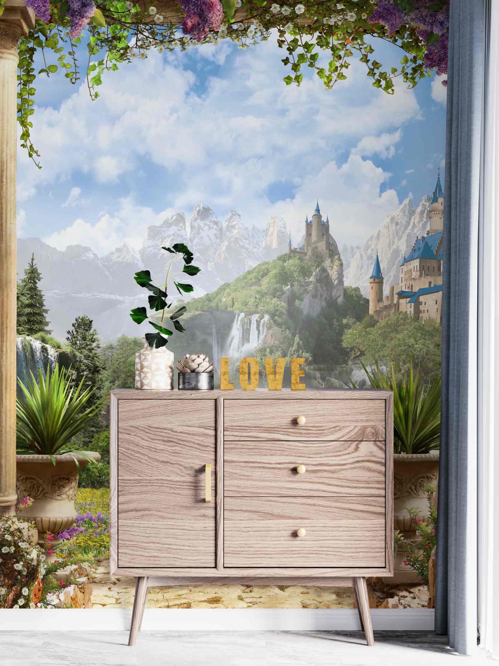 Papier peint plate-forme avec vue sur le château et la cascade