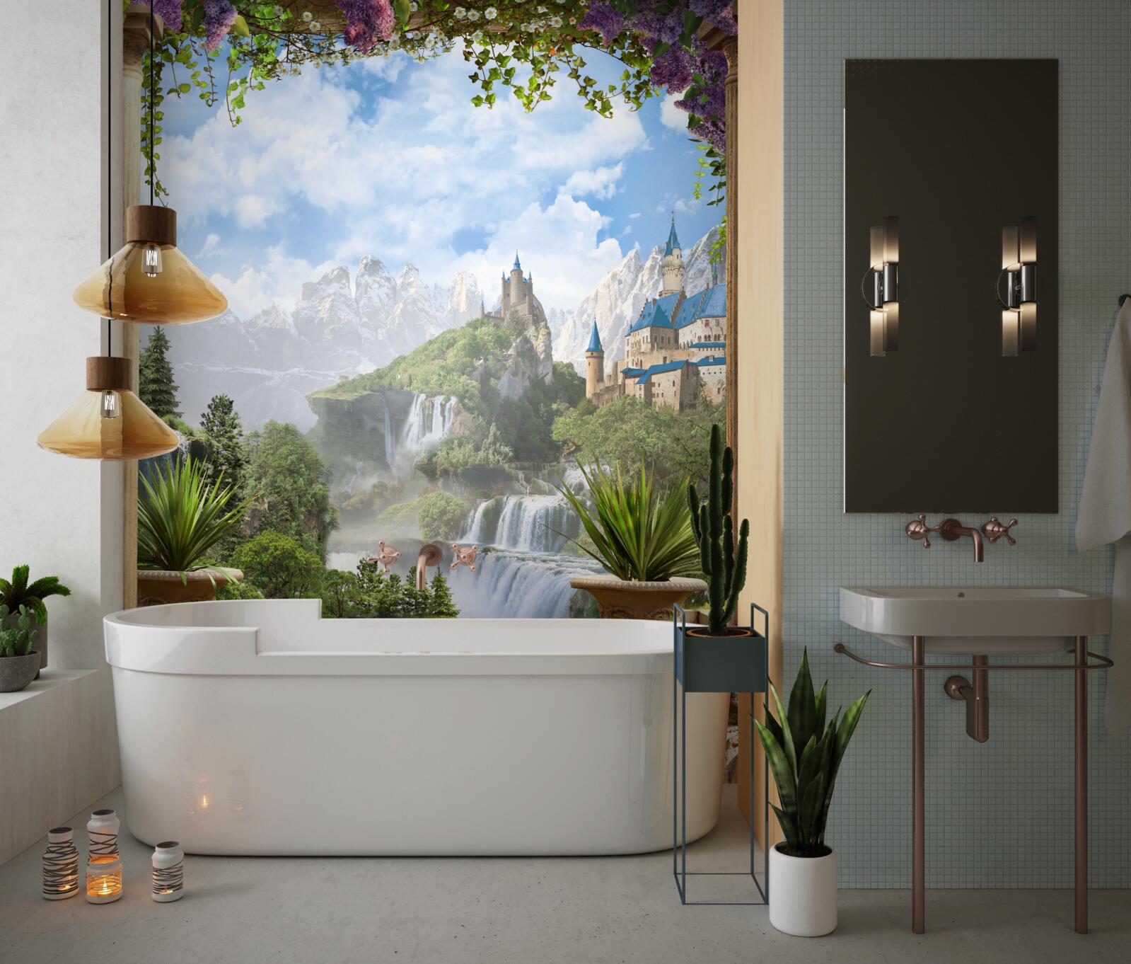 Papier peint plate-forme avec vue sur le château et la cascade