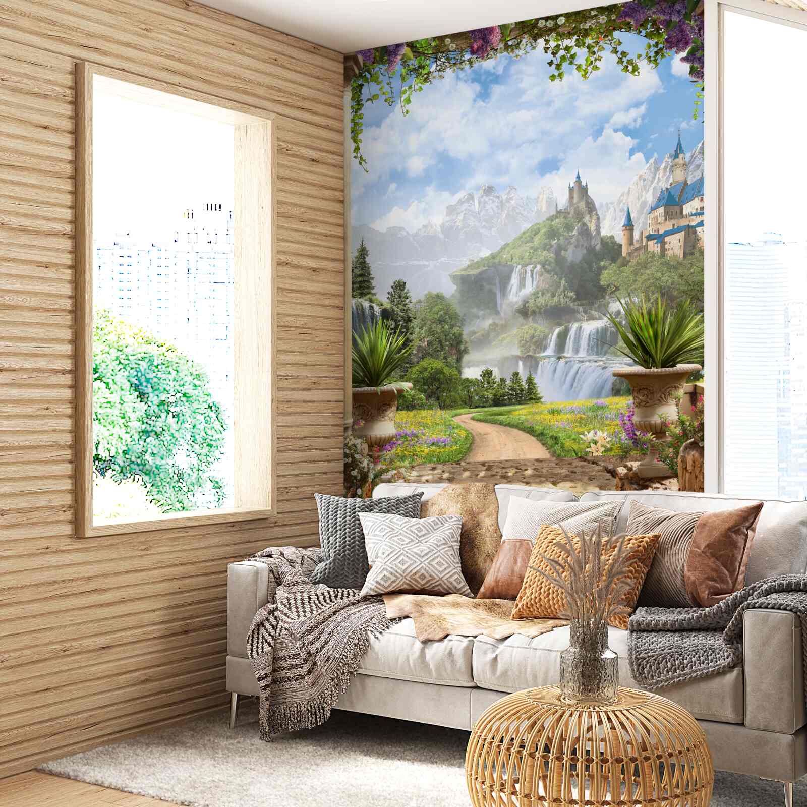 Papier peint plate-forme avec vue sur le château et la cascade