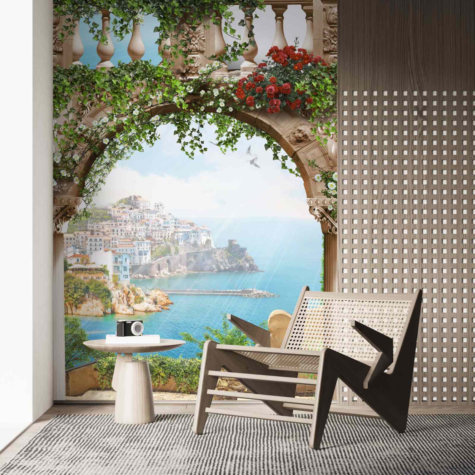 Papier peint vue imprenable sur la mer et la ville depuis le balcon