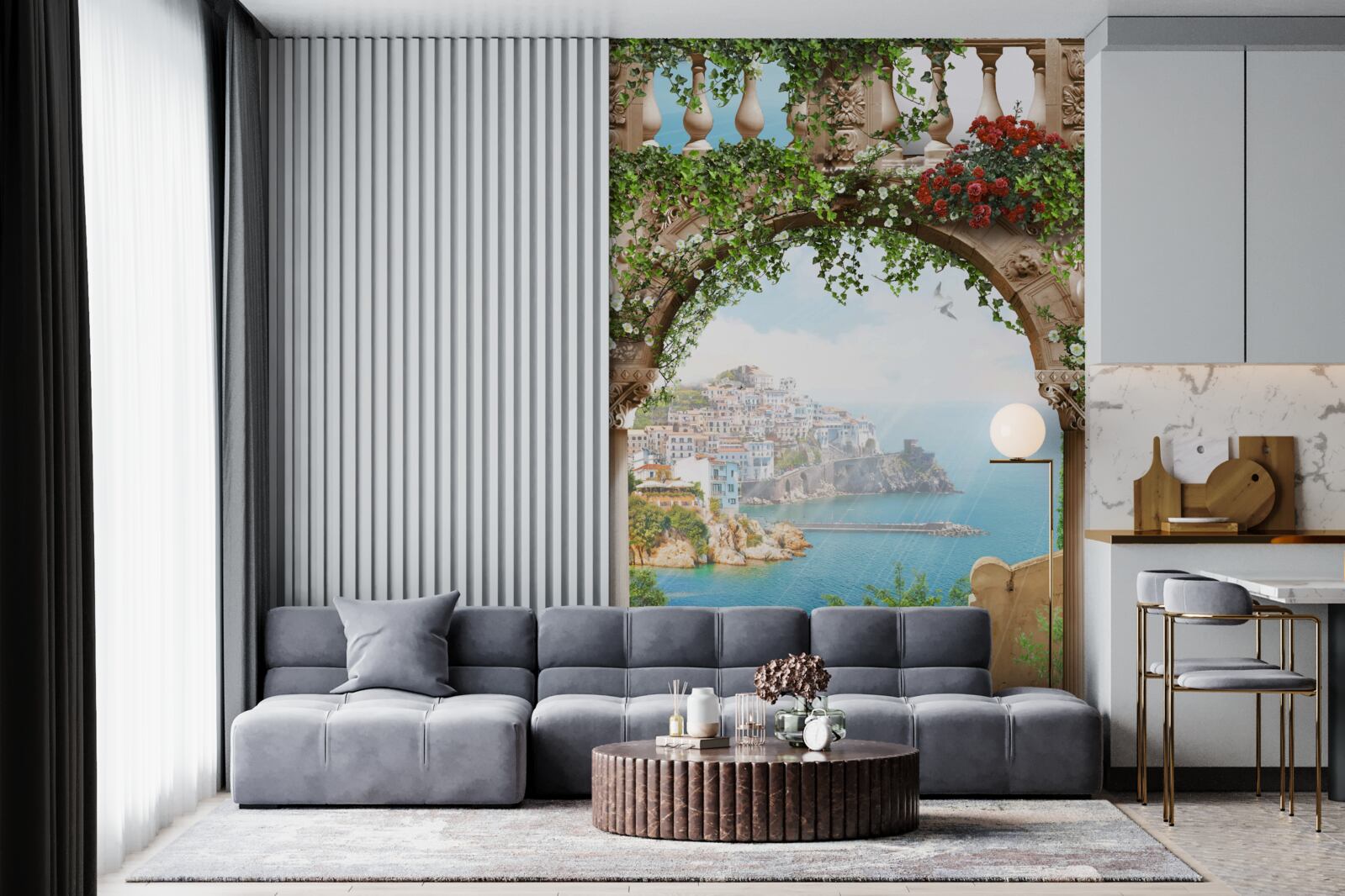 Papier peint vue imprenable sur la mer et la ville depuis le balcon