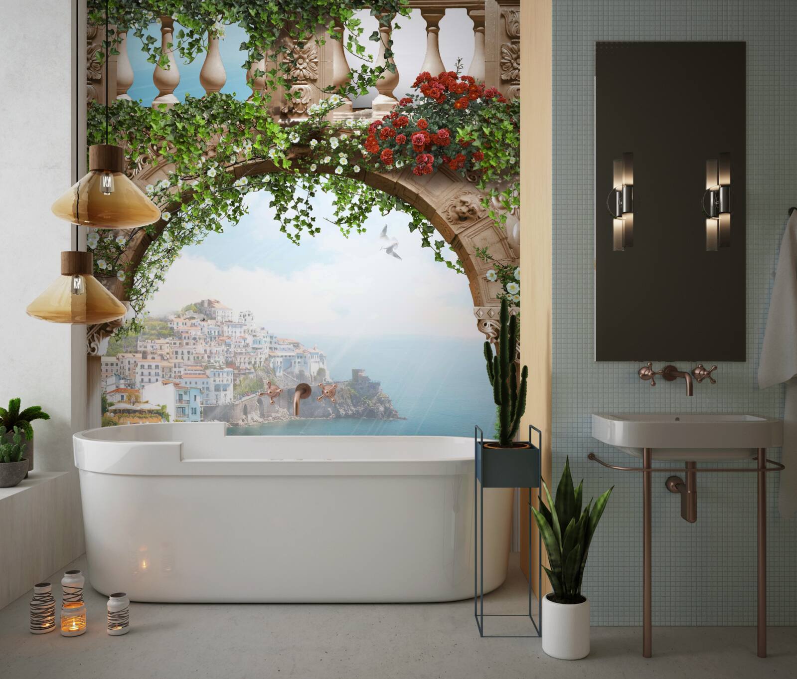 Papier peint vue imprenable sur la mer et la ville depuis le balcon