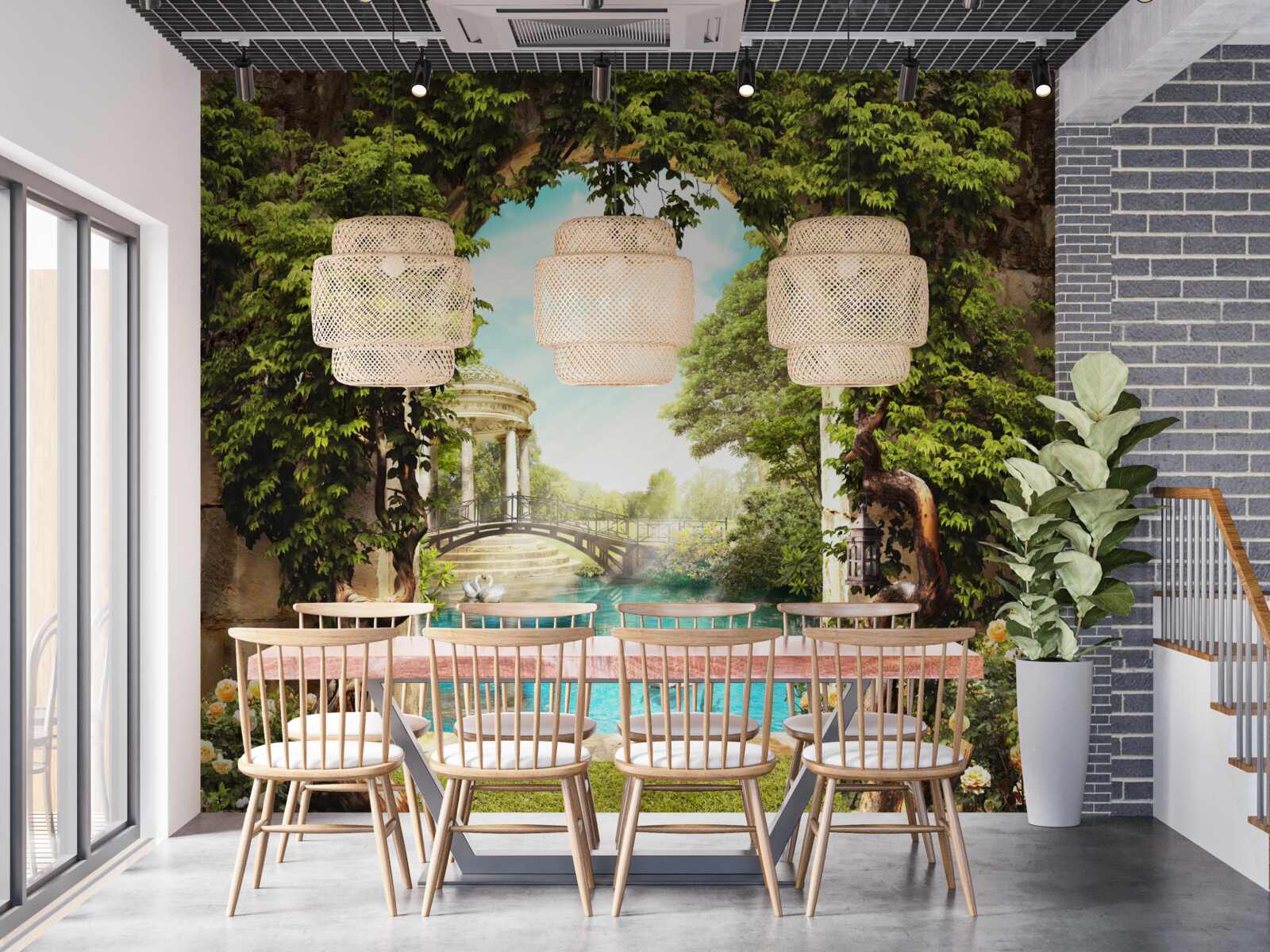 Papier peint étang avec cygnes blancs