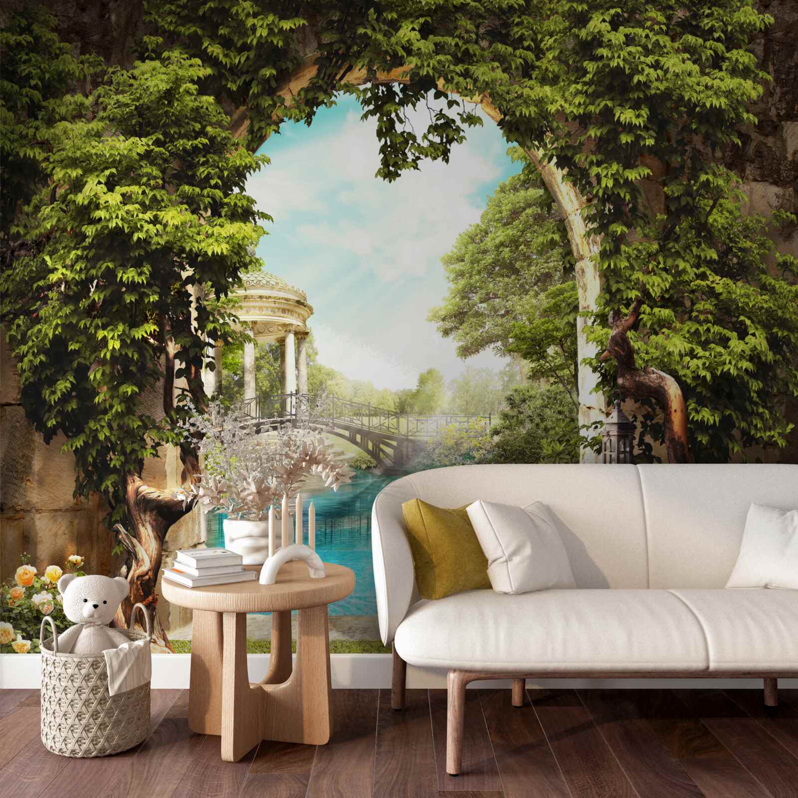 Papier peint étang avec cygnes blancs