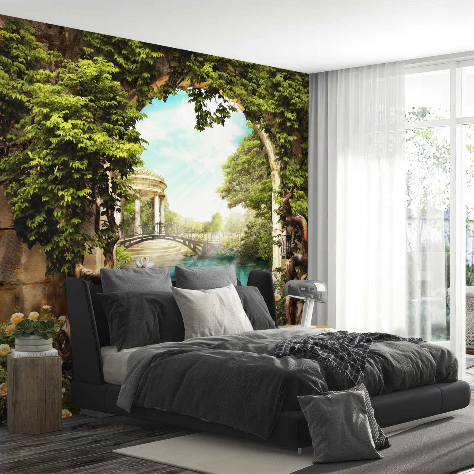 Papier peint étang avec cygnes blancs