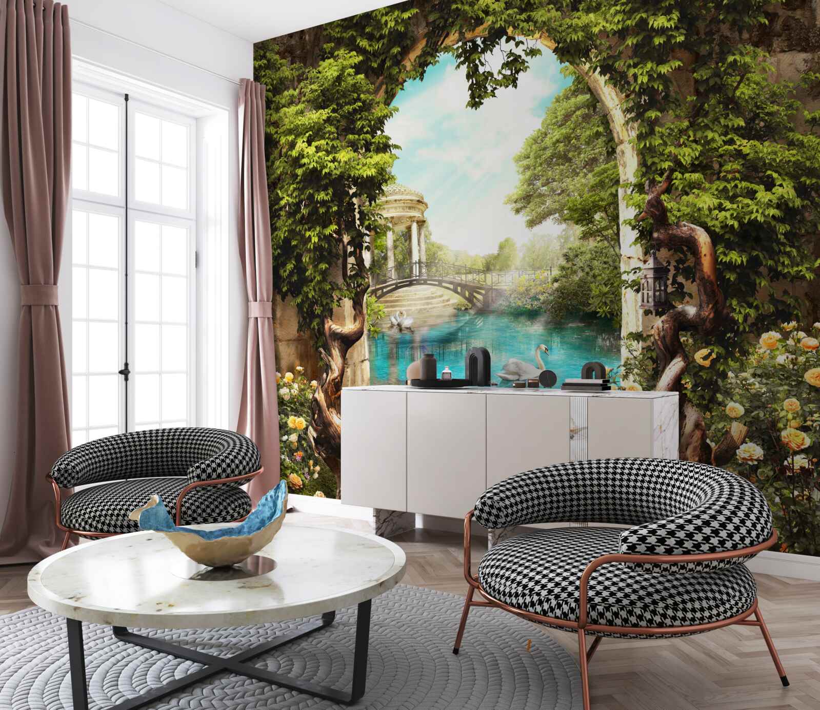 Papier peint étang avec cygnes blancs