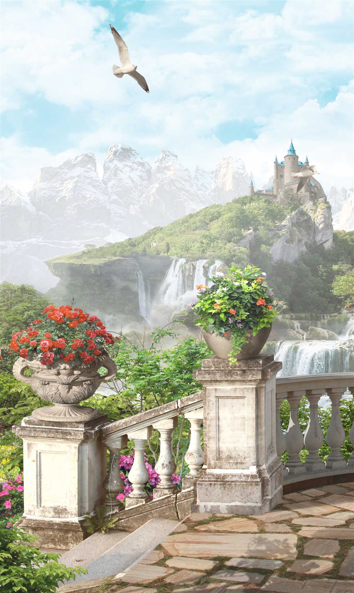 Papier peint balcon fleuri avec vue sur la cascade et le château