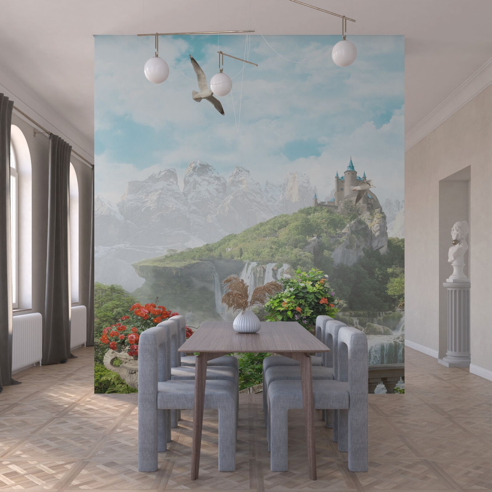 Papier peint balcon fleuri avec vue sur la cascade et le château